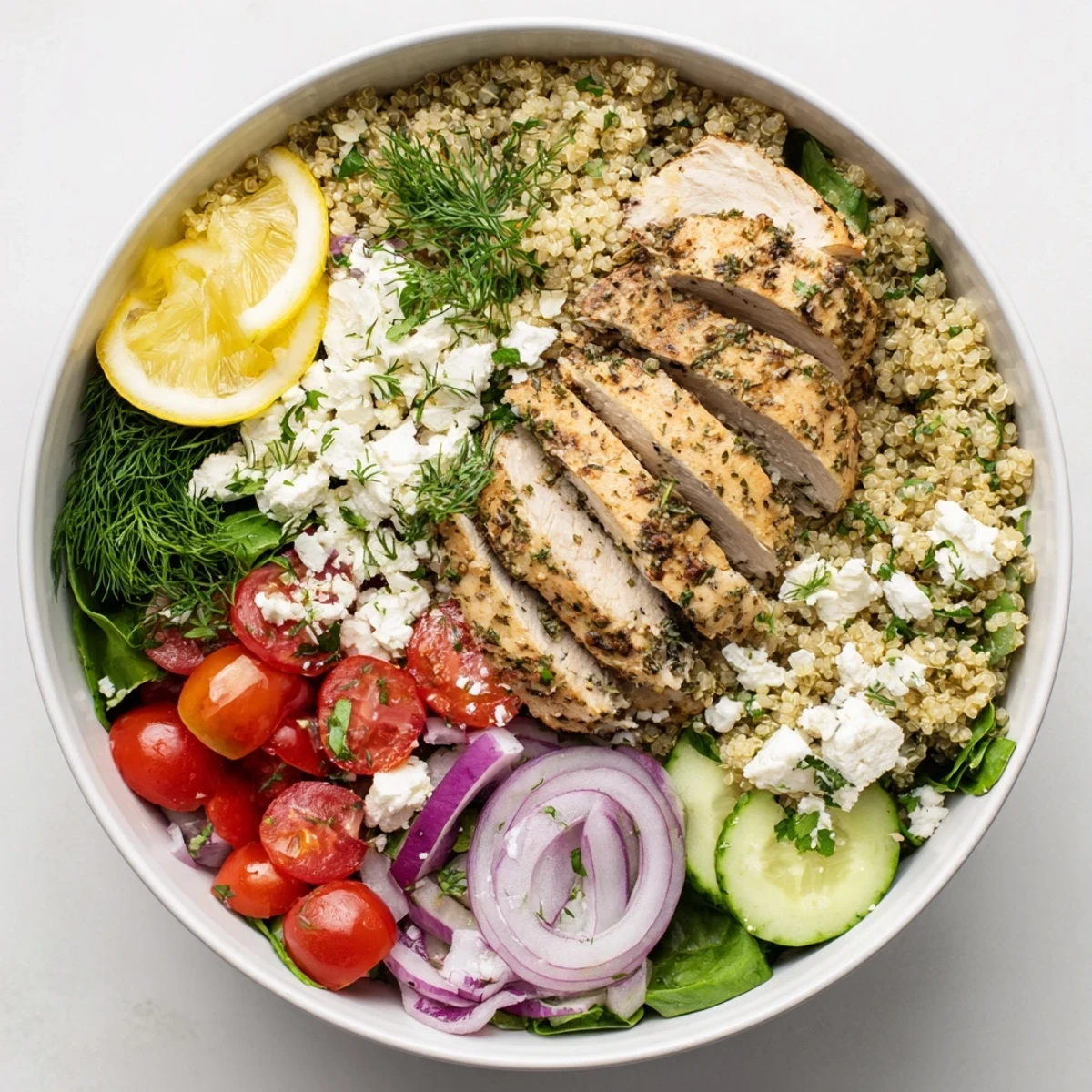 Bright lemon herb grilled chicken quinoa bowl with feta and cucumber slices served with a refreshing lemon wedge.