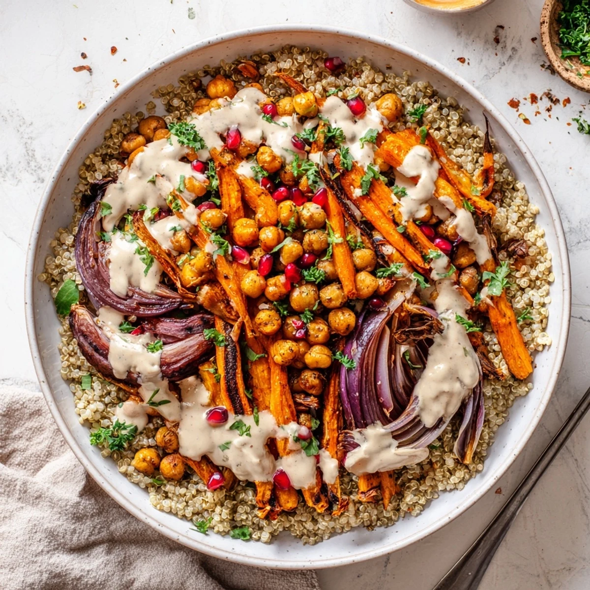 Vibrant One Pan Roasted Carrot Chickpea Bowl with fluffy quinoa and fresh parsley garnish ready to serve.