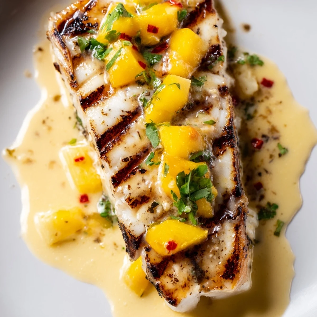 Golden grilled mahi mahi fillets glistening with mango lime butter on a white plate, garnished with fresh cilantro and lime wedges.