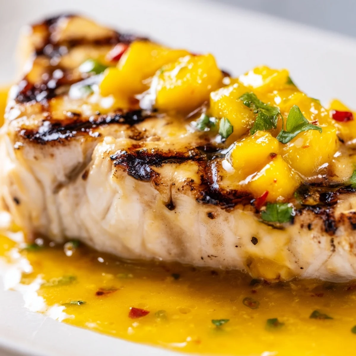 Mahi Mahi Mango Lime Butter Grilled Seafood Delight served on a tropical-themed table with coconut rice and vibrant summer colors.