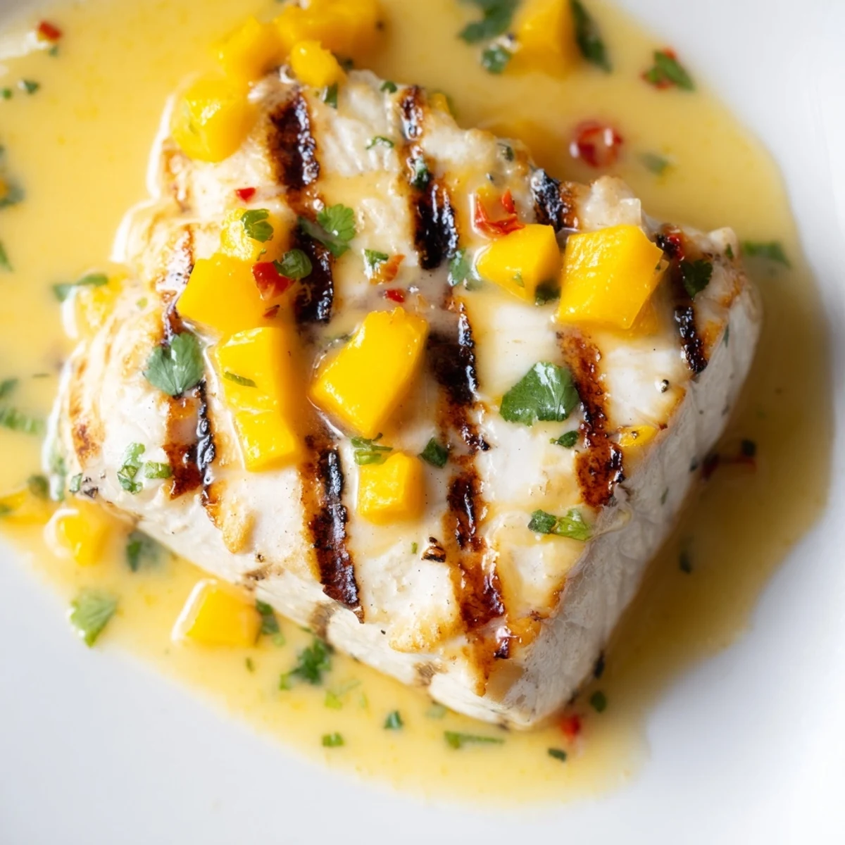 Succulent Mahi Mahi Mango Lime Butter Grilled Seafood Delight flaking easily with a fork, drizzled with extra sauce and cilantro.