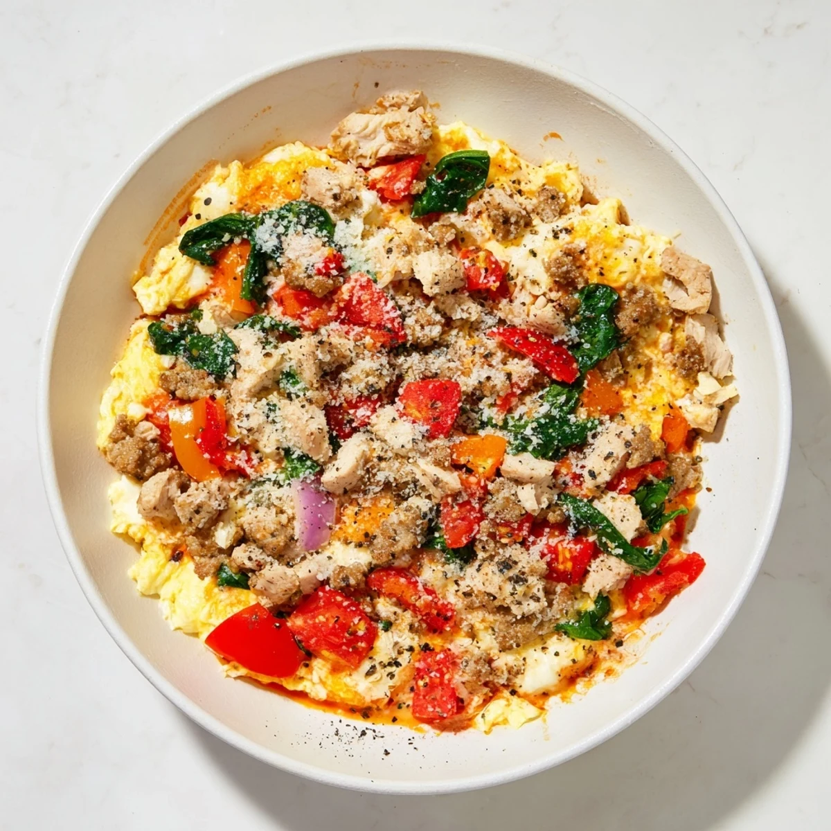 A close-up photo of the High Protein Breakfast Pizza Bowl Cheesy Delight with eggs and melted cheese.  