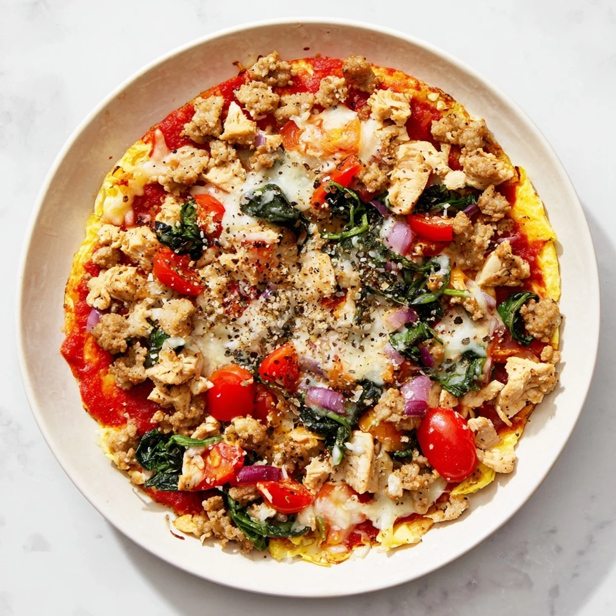 A steaming serving of the High Protein Breakfast Pizza Bowl Cheesy Delight on a rustic table.  
