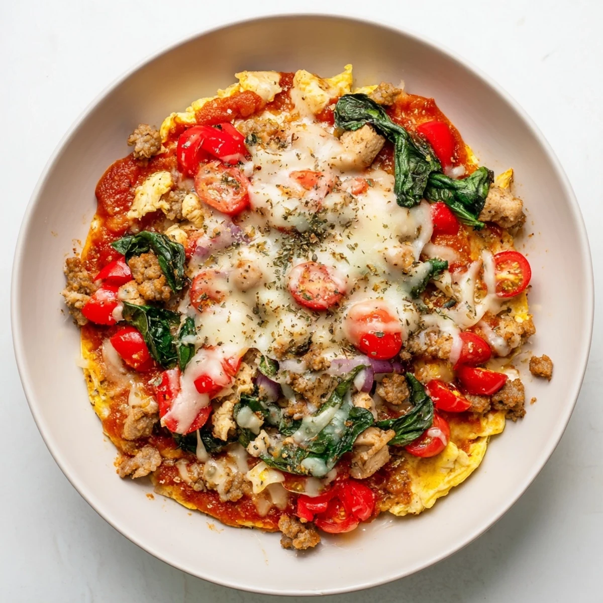 An overhead view of the High Protein Breakfast Pizza Bowl Cheesy Delight topped with fresh tomatoes.