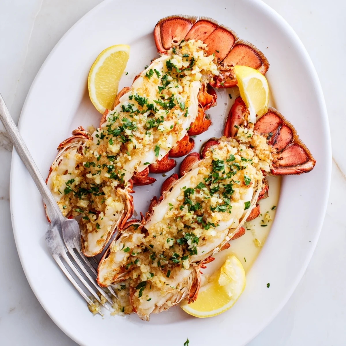 Air fryer lobster tails glistening with garlic butter and fresh parsley garnish.