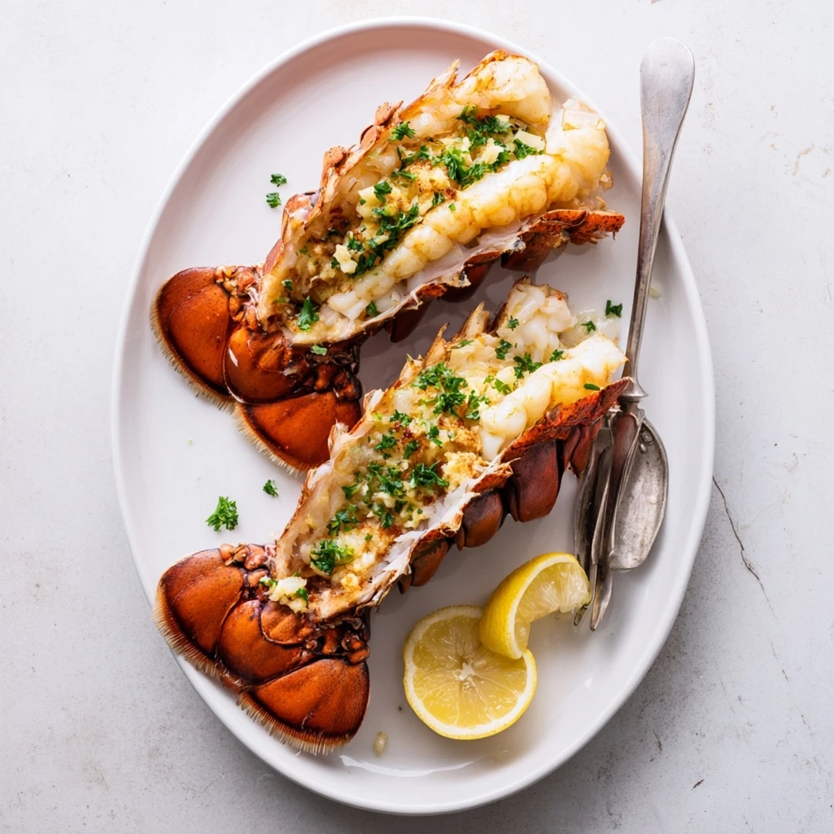 Succulent Air Fryer Lobster Tails on a plate served with lemon wedges.