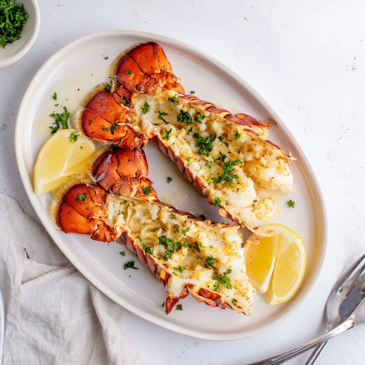 Restaurant quality Air Fryer Lobster Tails ready to eat on a dinner plate.