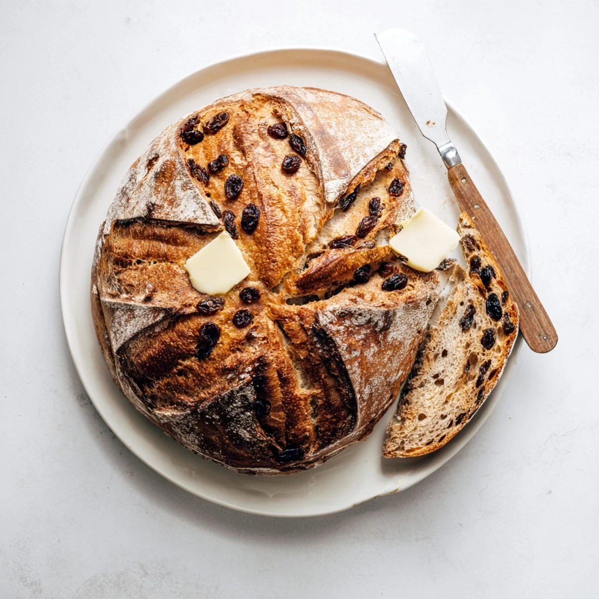Warmly spiced Cinnamon Raisin Artisan Bread loaf with a golden crust, sliced to reveal sweet raisin specks inside.