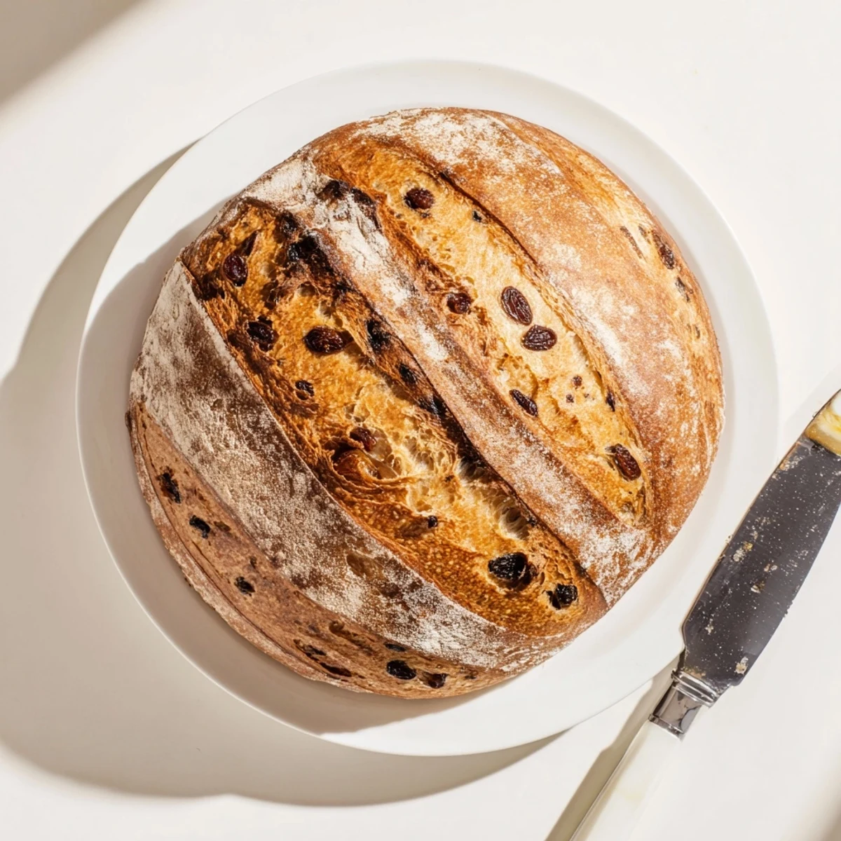 Golden-brown Cinnamon Raisin Artisan Bread cooled on a wire rack, showing tender crumb and aromatic cinnamon swirls.