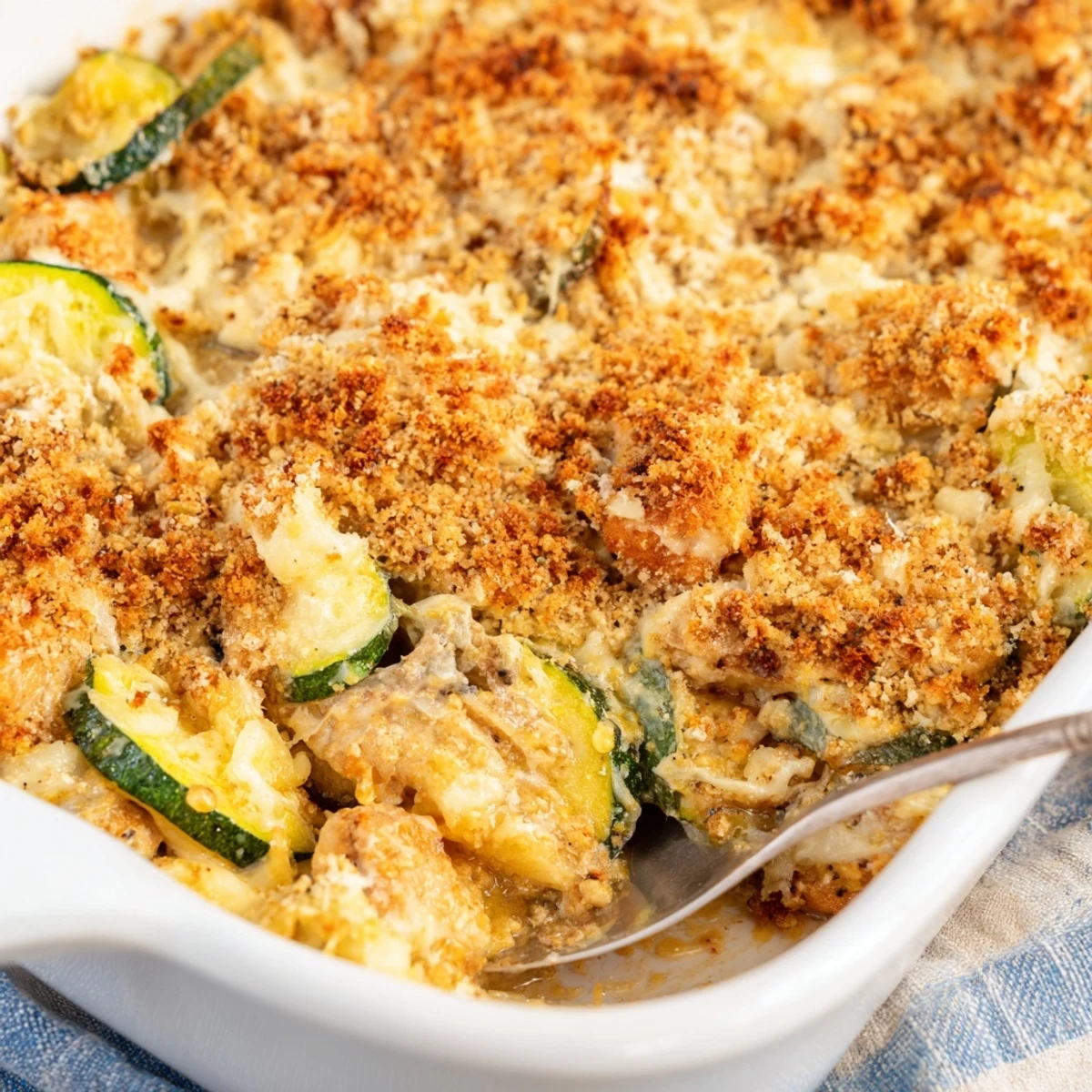 A close up of golden, bubbly Chicken Zucchini Bake with tender chicken and zucchini in a creamy sauce.