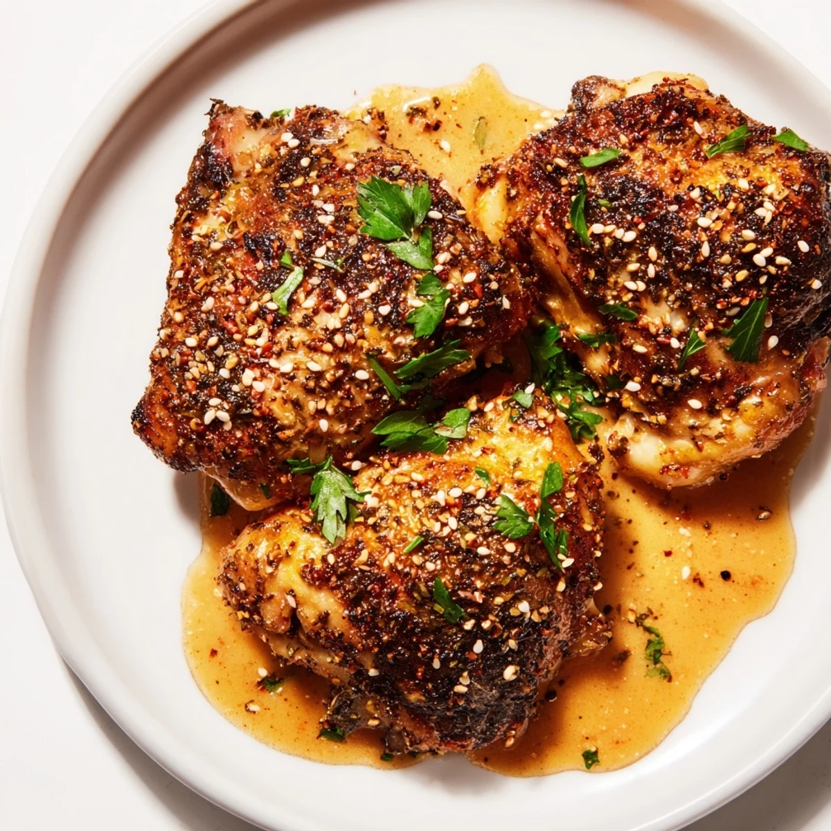 Golden roasted Zaatar Tahini Chicken Thighs with crispy skin and a creamy, herb-speckled sauce served with lemon wedges.