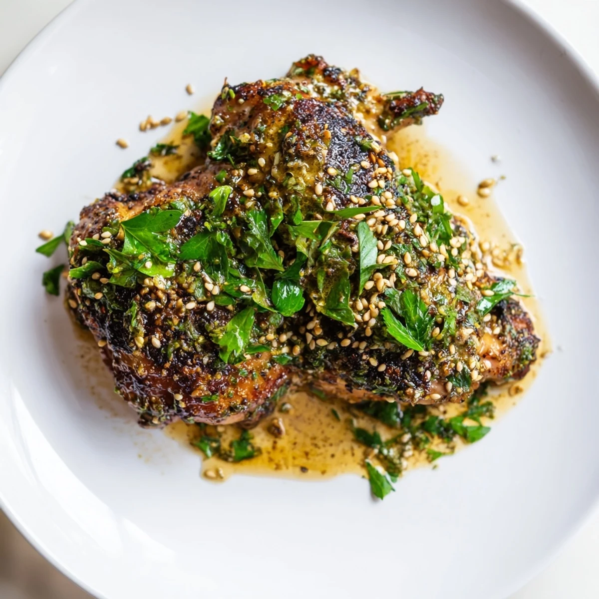 A close-up view of Zaatar Tahini Chicken Thighs drizzled with extra tahini, parsley, and toasted sesame seeds.