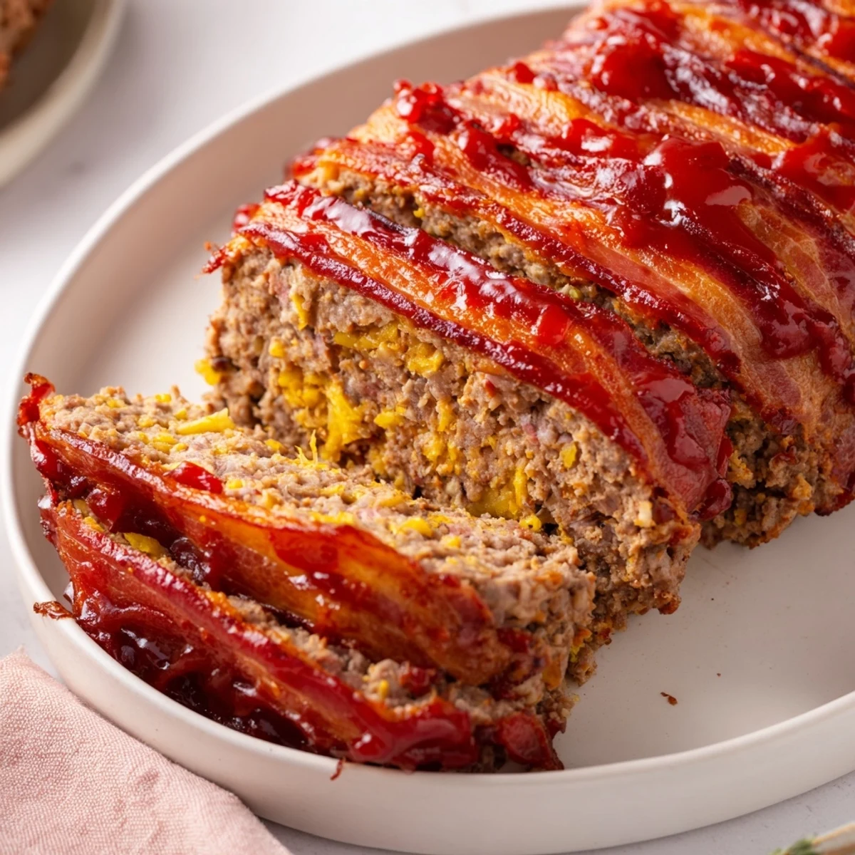 A close-up of BBQ Beef Bacon Wrapped Meatloaf slices, showcasing juicy beef and crispy bacon with smoky glaze.