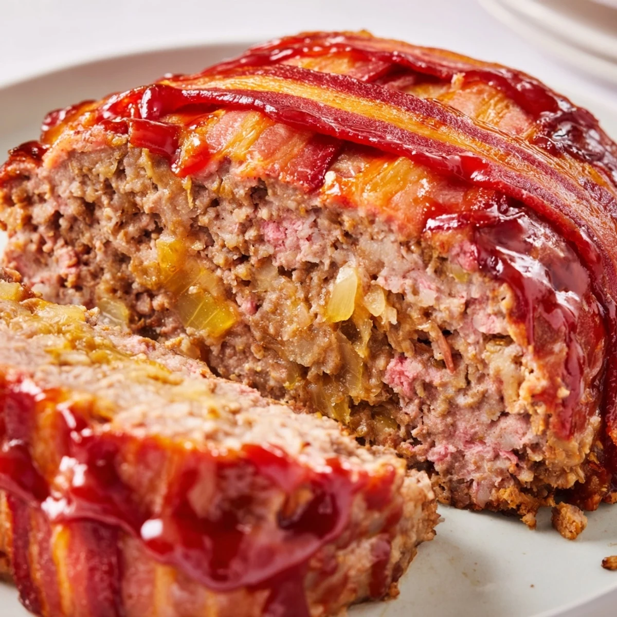 Overhead view of BBQ Beef Bacon Wrapped Meatloaf, glazed with tangy sauce and wrapped in golden, crisp bacon.