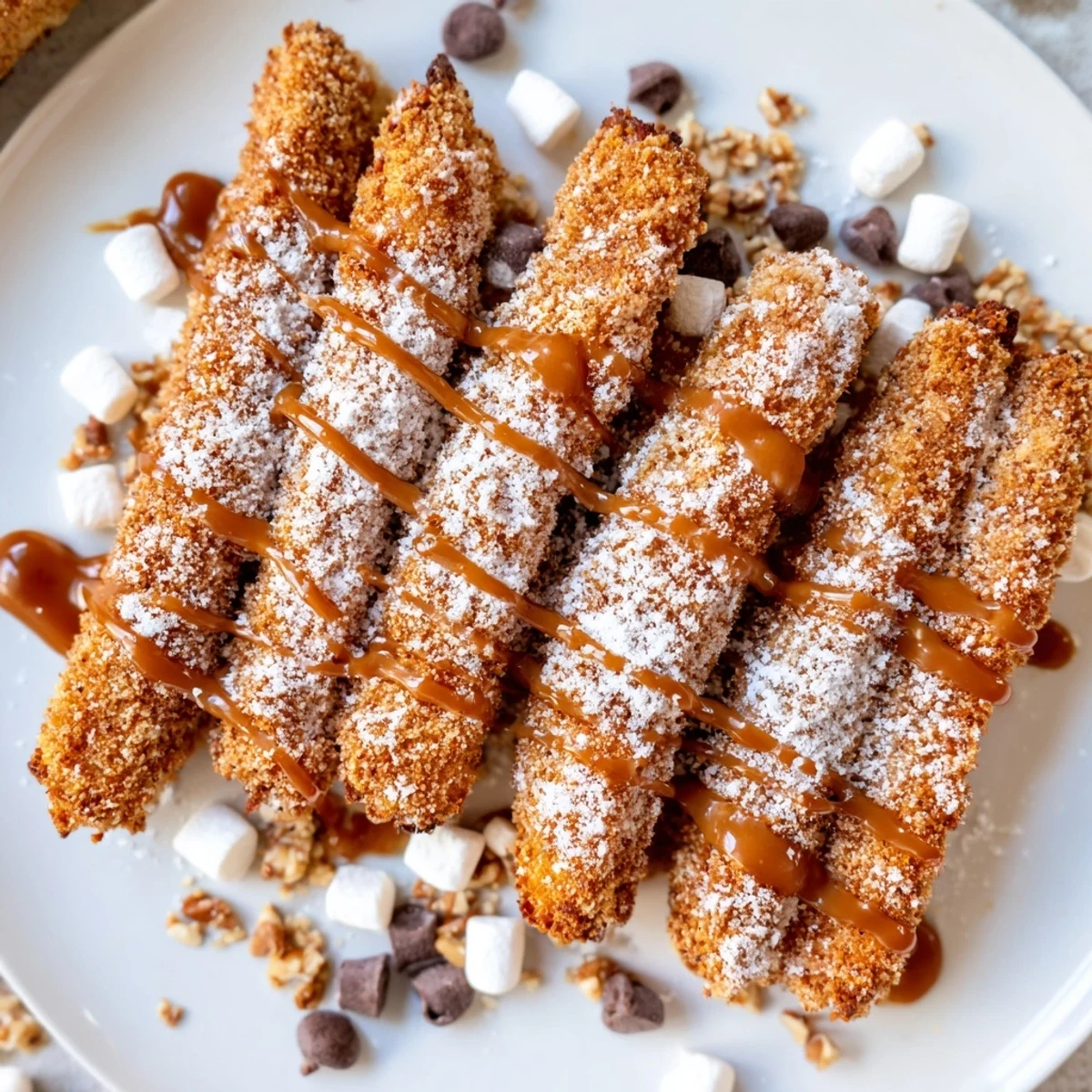 Golden, crispy Salted Caramel Apple Fries Board topped with marshmallows, berries, and drizzled warm caramel sauce.