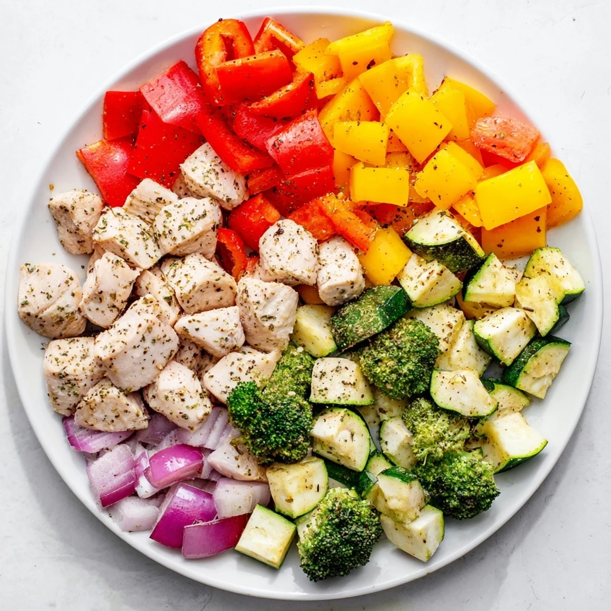 A close-up of golden 10-Minute Air Fryer Chicken and Veggies, featuring juicy chicken pieces and crisp, colorful bell peppers and broccoli.