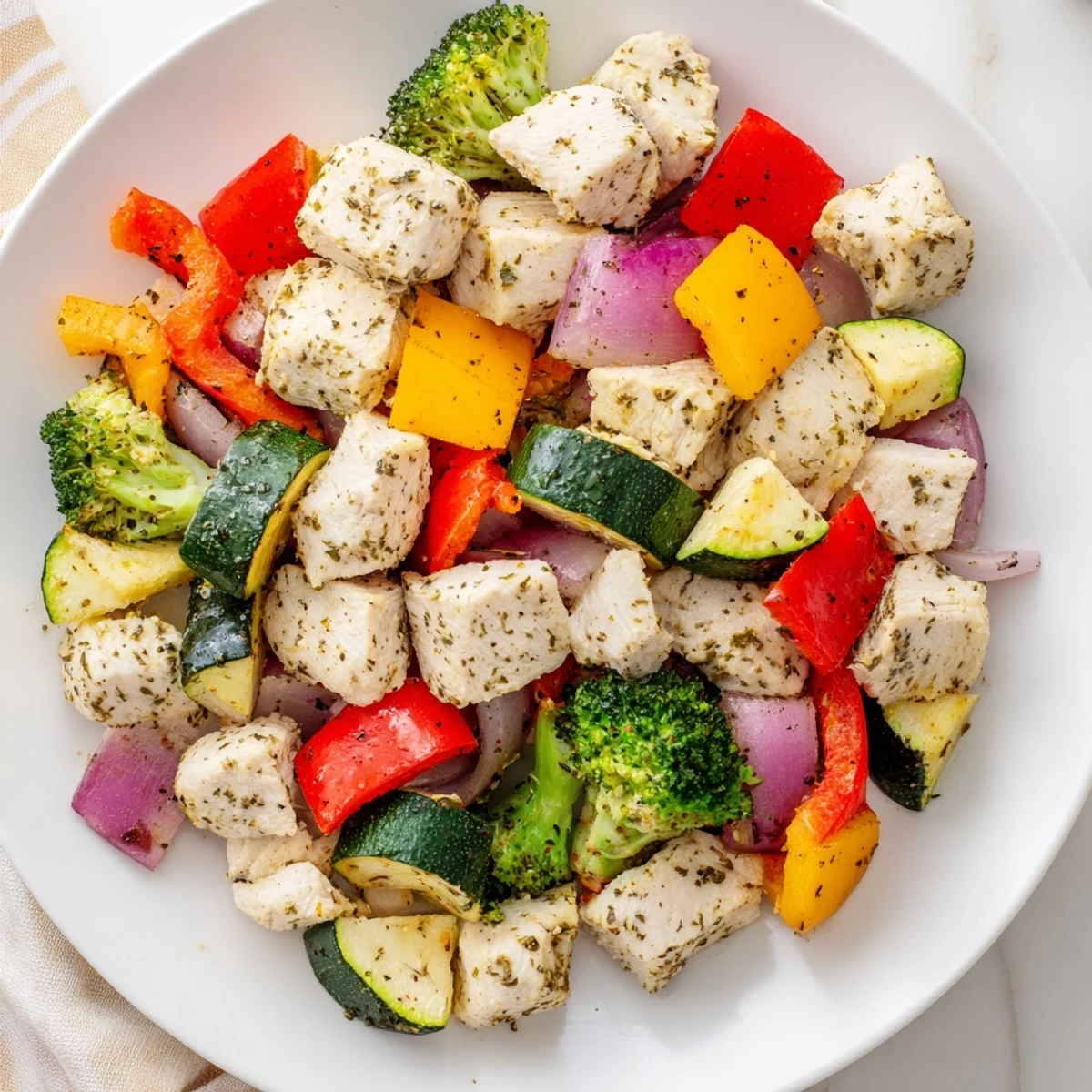 In this healthy dinner scene, 10-Minute Air Fryer Chicken and Veggies are ready to eat, garnished with herbs and plated over fluffy rice.
