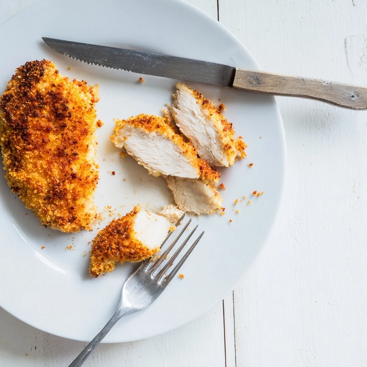 Crispy golden Air Fryer Breaded Chicken Breast served on a plate with lemon wedges and fresh salad.