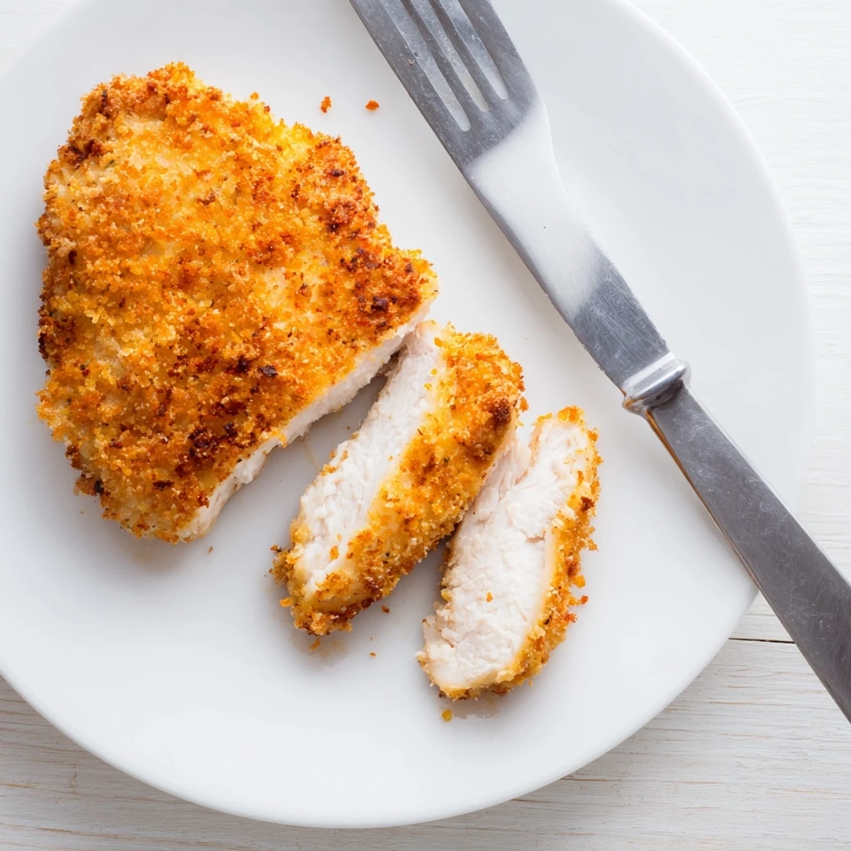 Golden Air Fryer Breaded Chicken Breast resting on a platter with a side of dipping sauce.