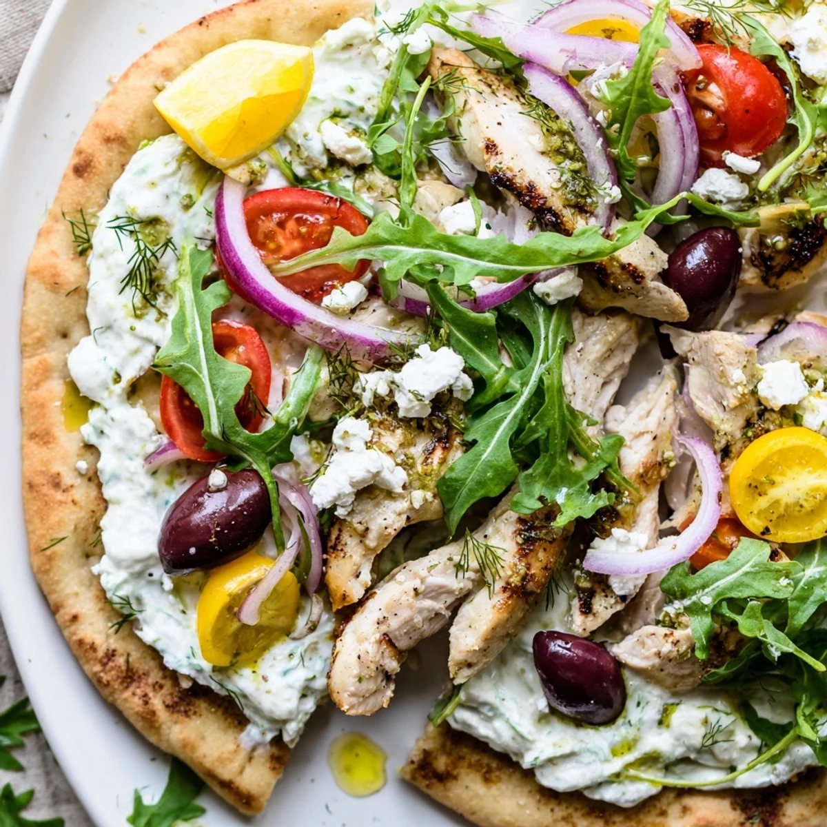 A vibrant Zesty Lemon Herb Chicken Flatbread With Creamy Feta topped with juicy sliced chicken and crumbled feta on a warm naan base.