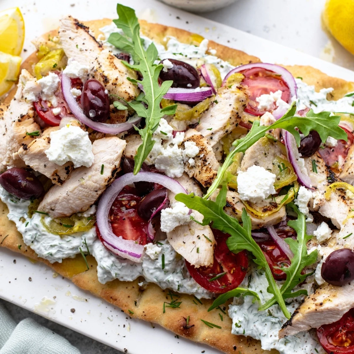 Golden-baked Zesty Lemon Herb Chicken Flatbread With Creamy Feta features arugula, cherry tomatoes, and a drizzle of extra virgin olive oil.