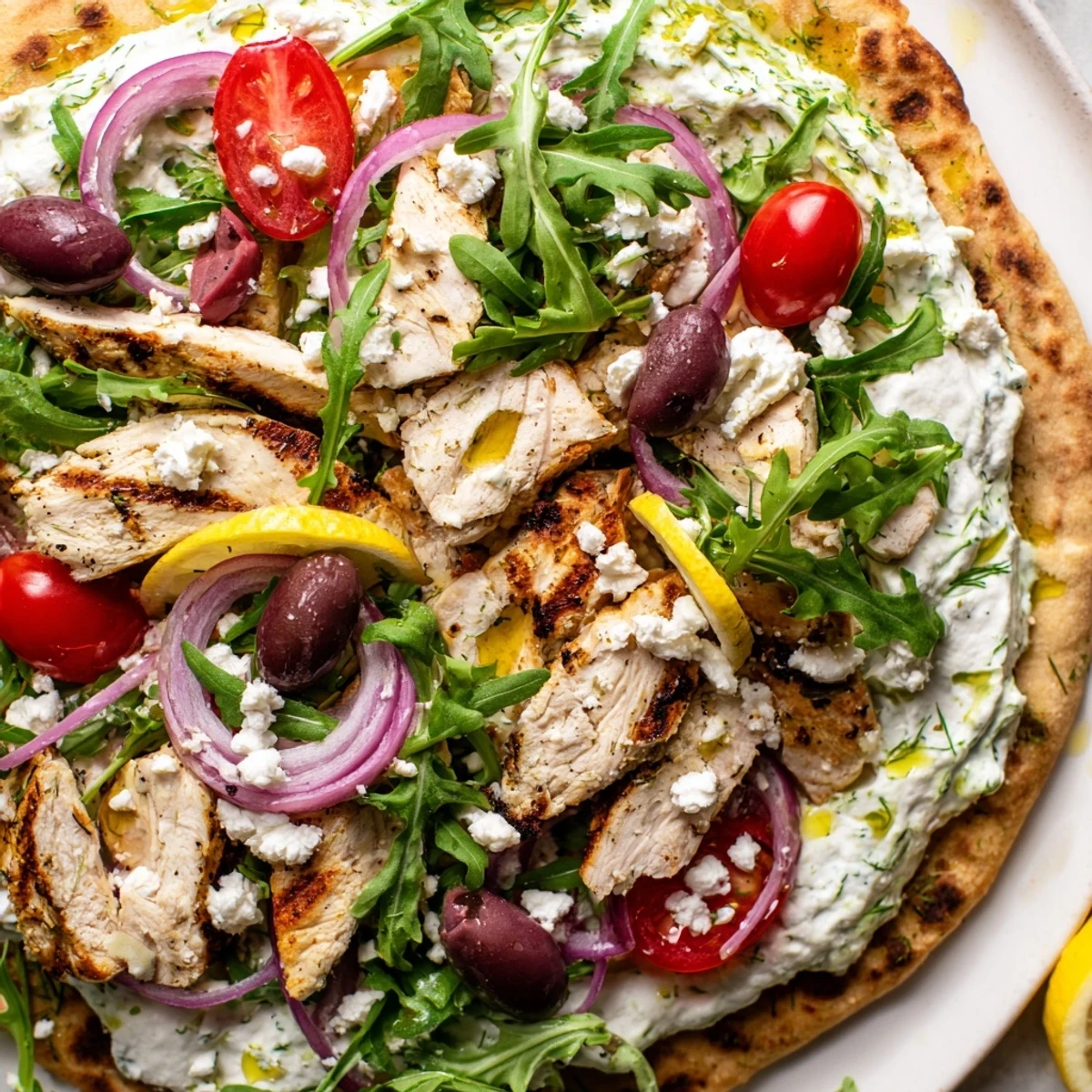 Close-up of Zesty Lemon Herb Chicken Flatbread With Creamy Feta showcasing creamy dill yogurt sauce, olives, and red onion on a crisp flatbread.