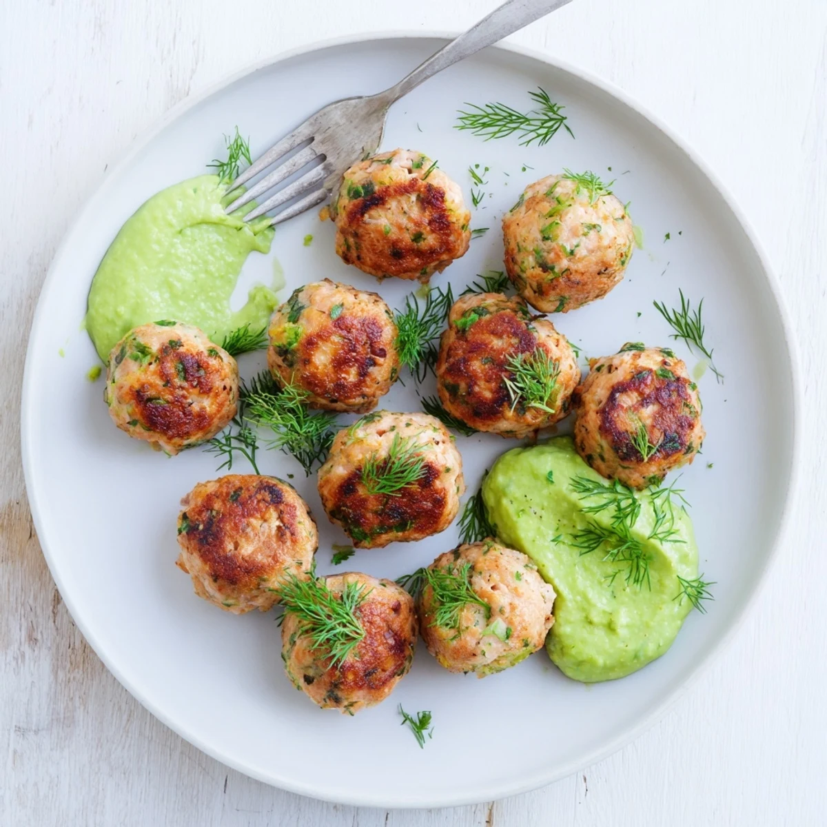 Golden pan-fried salmon balls with creamy avocado sauce garnished with fresh dill and lemon wedges on a rustic plate.