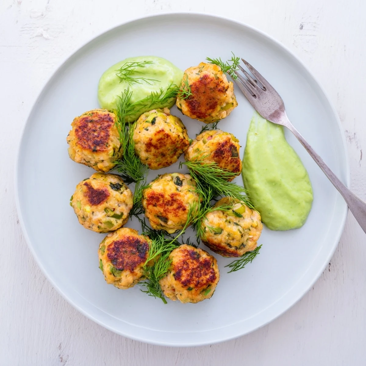 Close-up of tender salmon balls topped with vibrant green avocado sauce, ideal for pescatarian and gluten-free recipes.