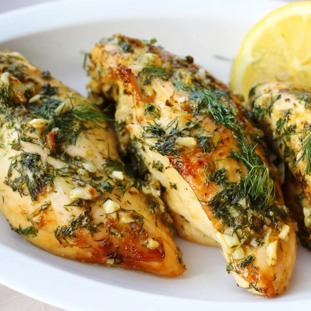 Golden-brown baked chicken breasts glazed with zesty lemon dill marinade, garnished with fresh herbs and lemon slices.
