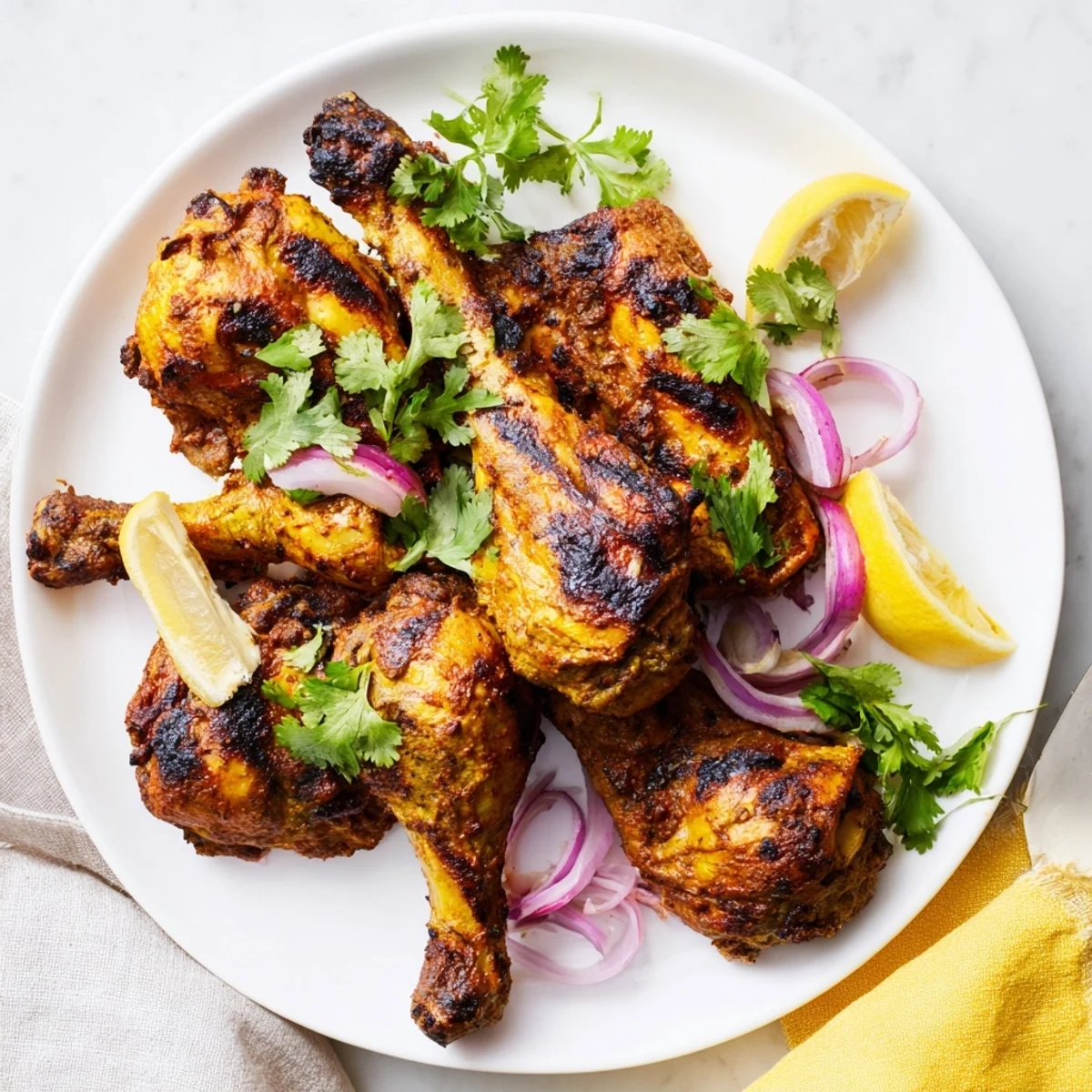 Succulent Tandoori Chicken served on a platter with naan, rice, and fresh cilantro garnish.
