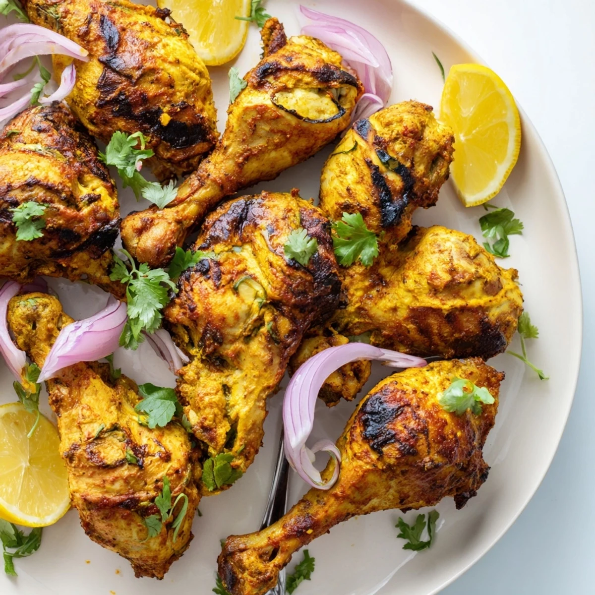 Golden-brown Tandoori Chicken thighs sizzling on a grill, coated in vibrant red-orange spice marinade.