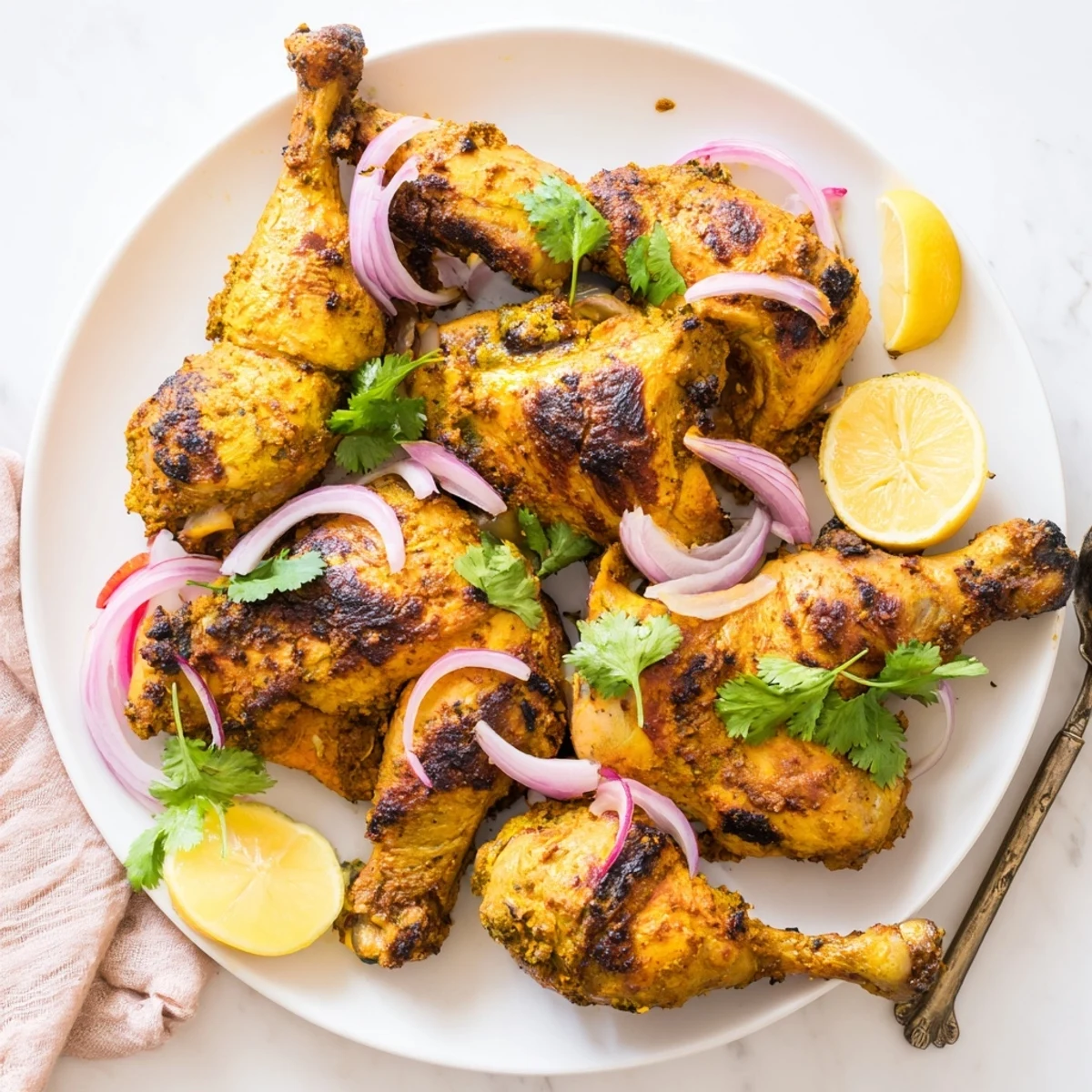 Close-up of juicy, charred Tandoori Chicken revealing tender meat and aromatic spice crust.