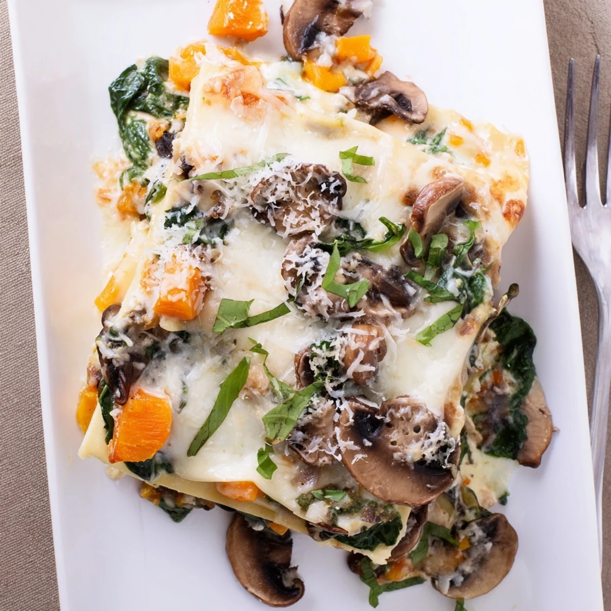 Golden-brown butternut squash and mushroom spinach lasagna topped with melted mozzarella in a baking dish.