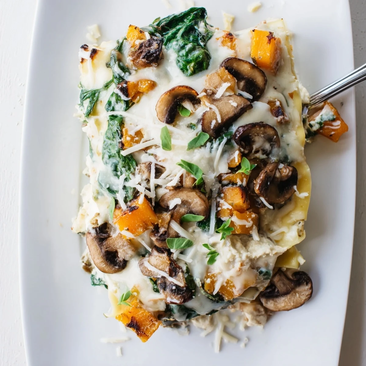 Sliced vegetarian lasagna showing creamy béchamel sauce layers with roasted squash and sautéed spinach filling.