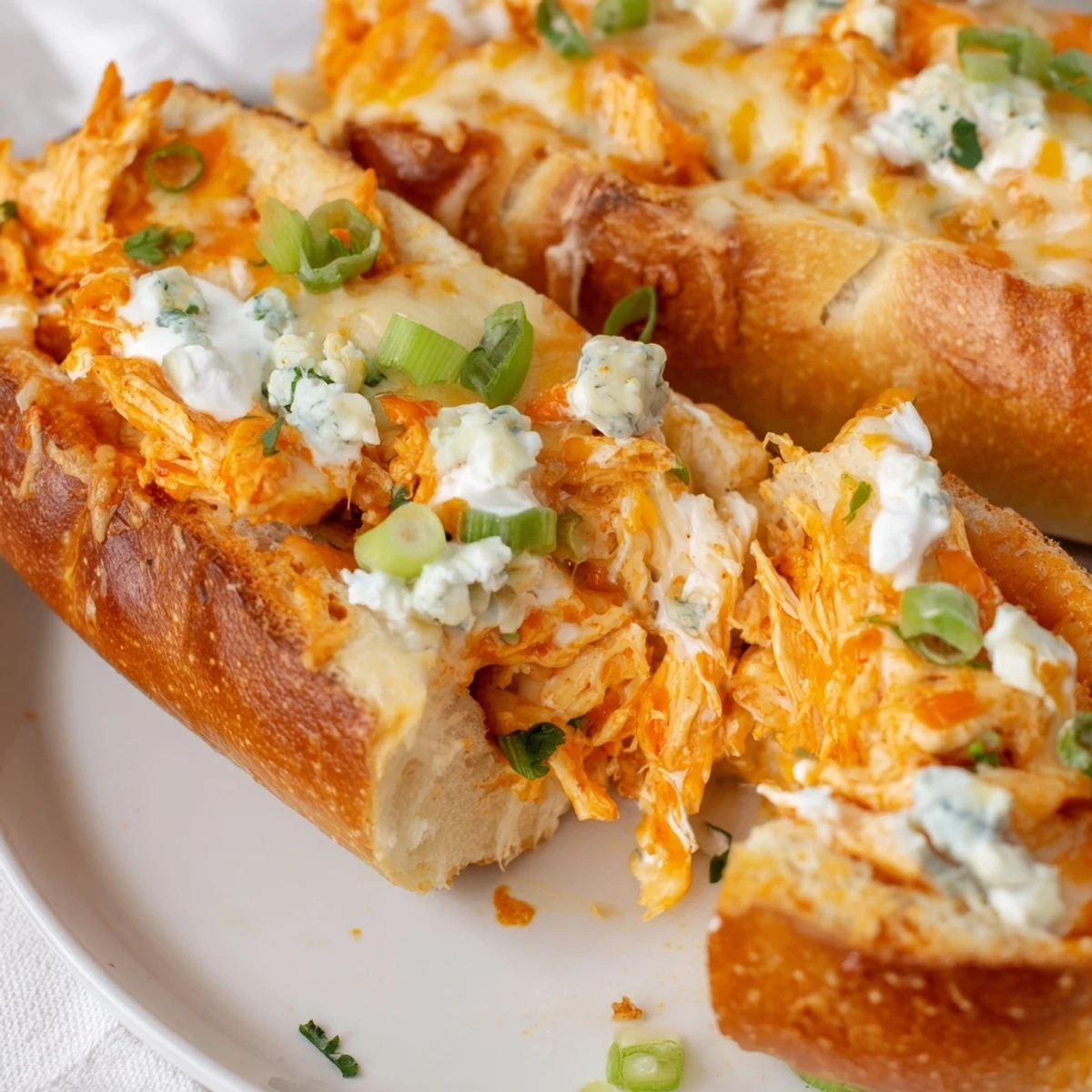 A close-up of Cheesy Buffalo Chicken Stuffed French Bread showing a golden crust and a hearty filling of shredded chicken and herbs.