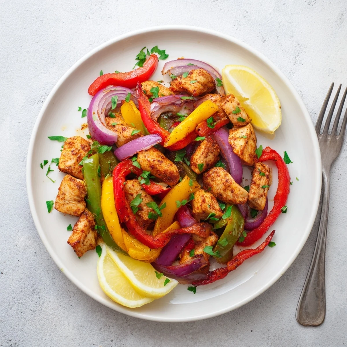 A vibrant skillet of Cajun Chicken Bell Peppers Spicy Delight, featuring tender chicken pieces and crisp red, yellow, and green bell peppers sautéed with onions.