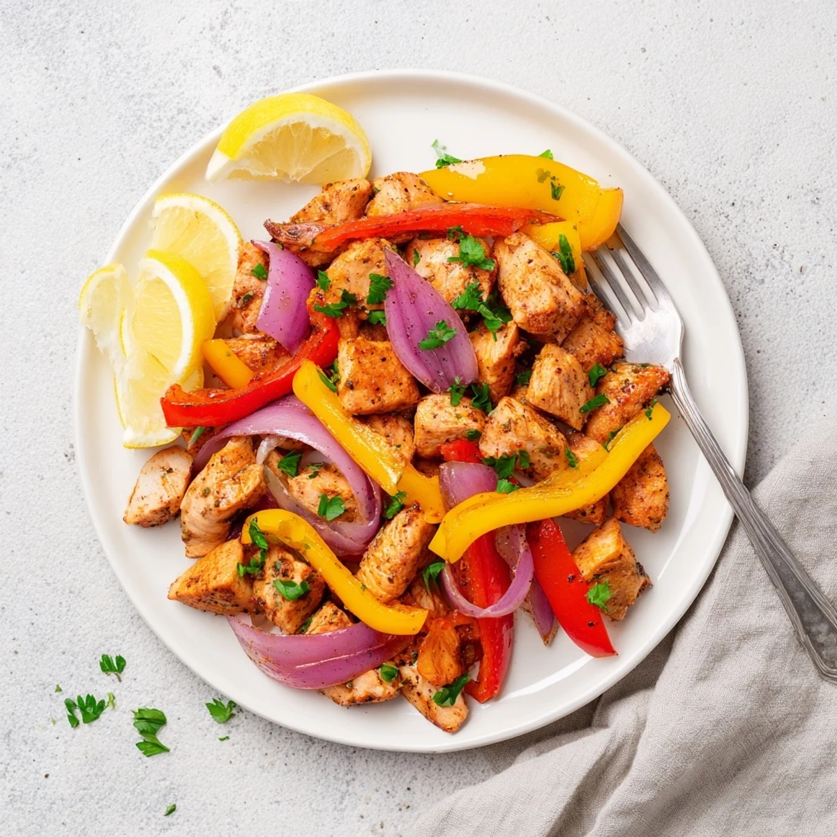 Sizzling Cajun Chicken Bell Peppers Spicy Delight served on a white plate, garnished with fresh parsley and lemon wedges for a bright, zesty finish.