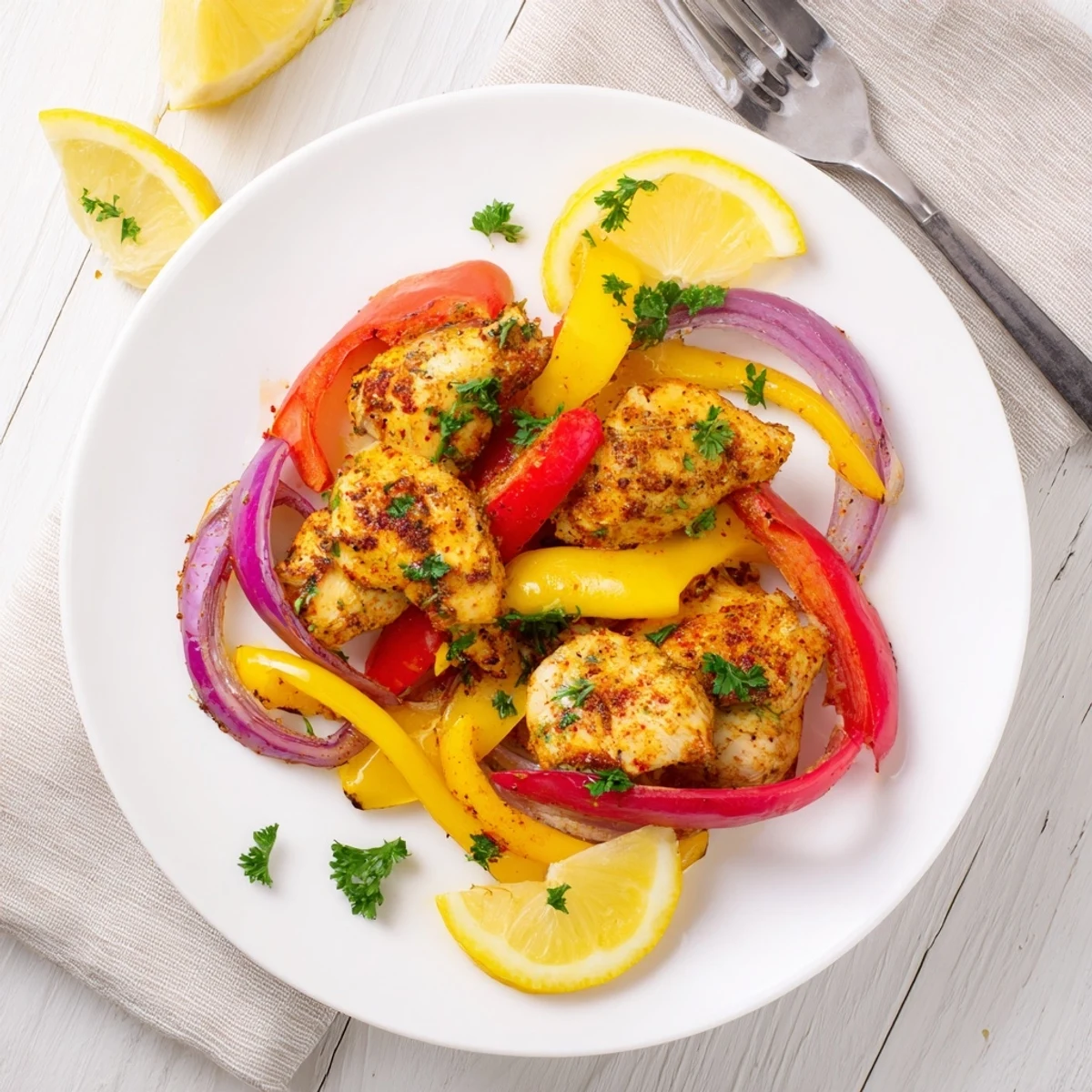 Close-up view of Cajun Chicken Bell Peppers Spicy Delight showing juicy chicken chunks and colorful vegetables coated in a rich, glossy Cajun spice sauce.