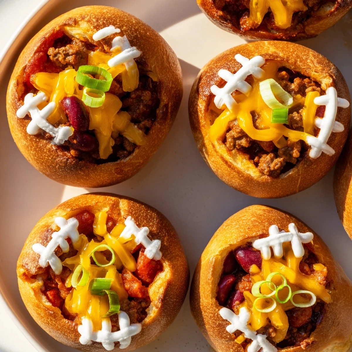 A close-up of Mini Chili Football Bread Bowls, with melted cheddar and piped sour cream laces on the warm, hearty beef filling.