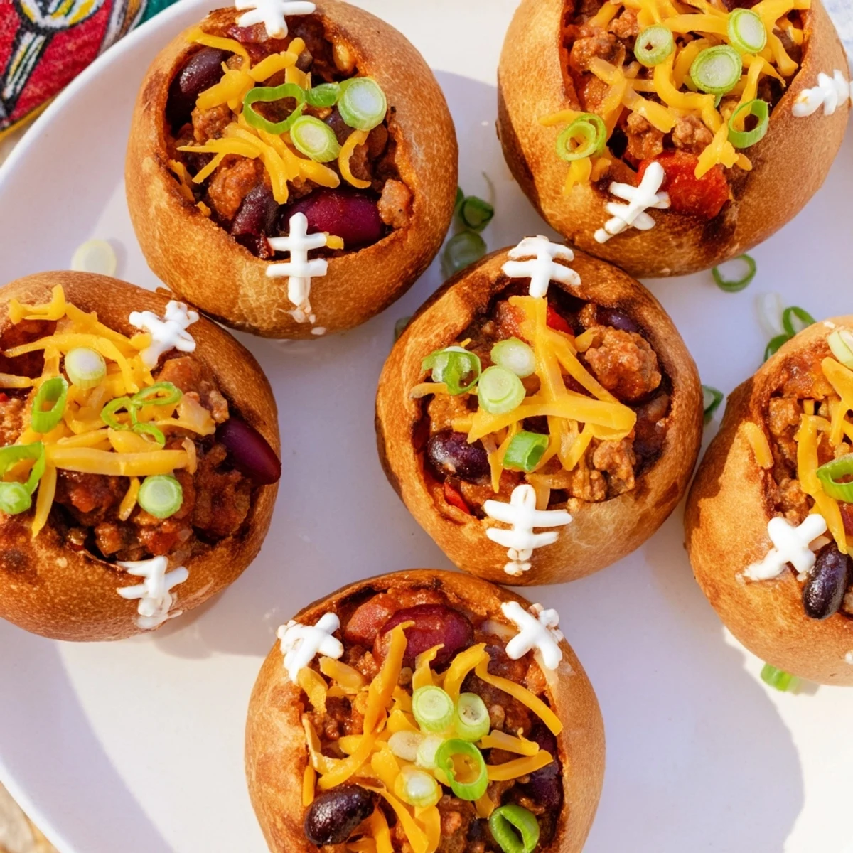The fully prepared Mini Chili Football Bread Bowls sit on a platter, ready to be served as a fun game day appetizer.