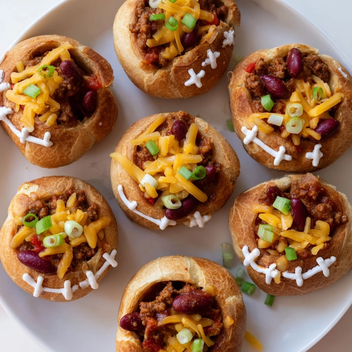 Crusty bread bowls filled with bubbling Mini Chili Football Bread Bowls, topped with shredded cheddar and decorated with sour cream laces.