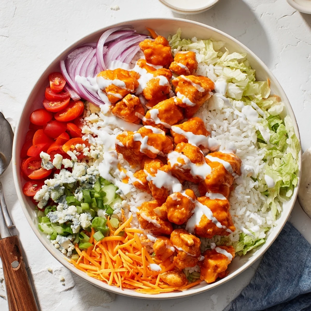 Vibrant photo of Buffalo Chicken Bowls topped with shredded lettuce and diced red onion, served on a white plate for a family dinner.