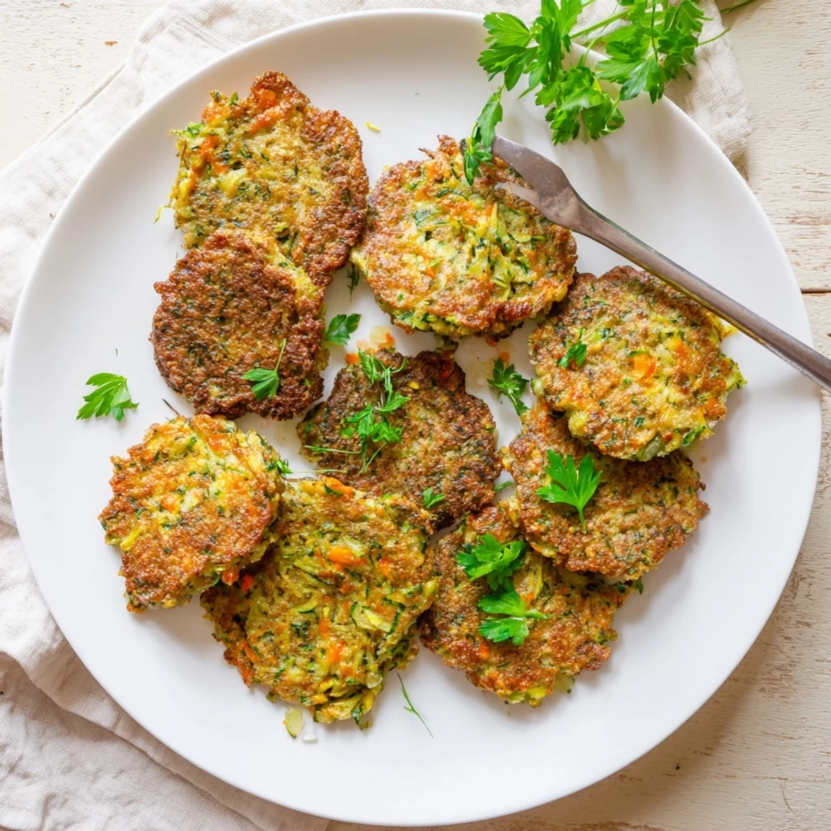 Freshly fried Crispy Easy Zucchini Fritters stacked on a white plate, garnished with green onions and a side of tangy tzatziki.