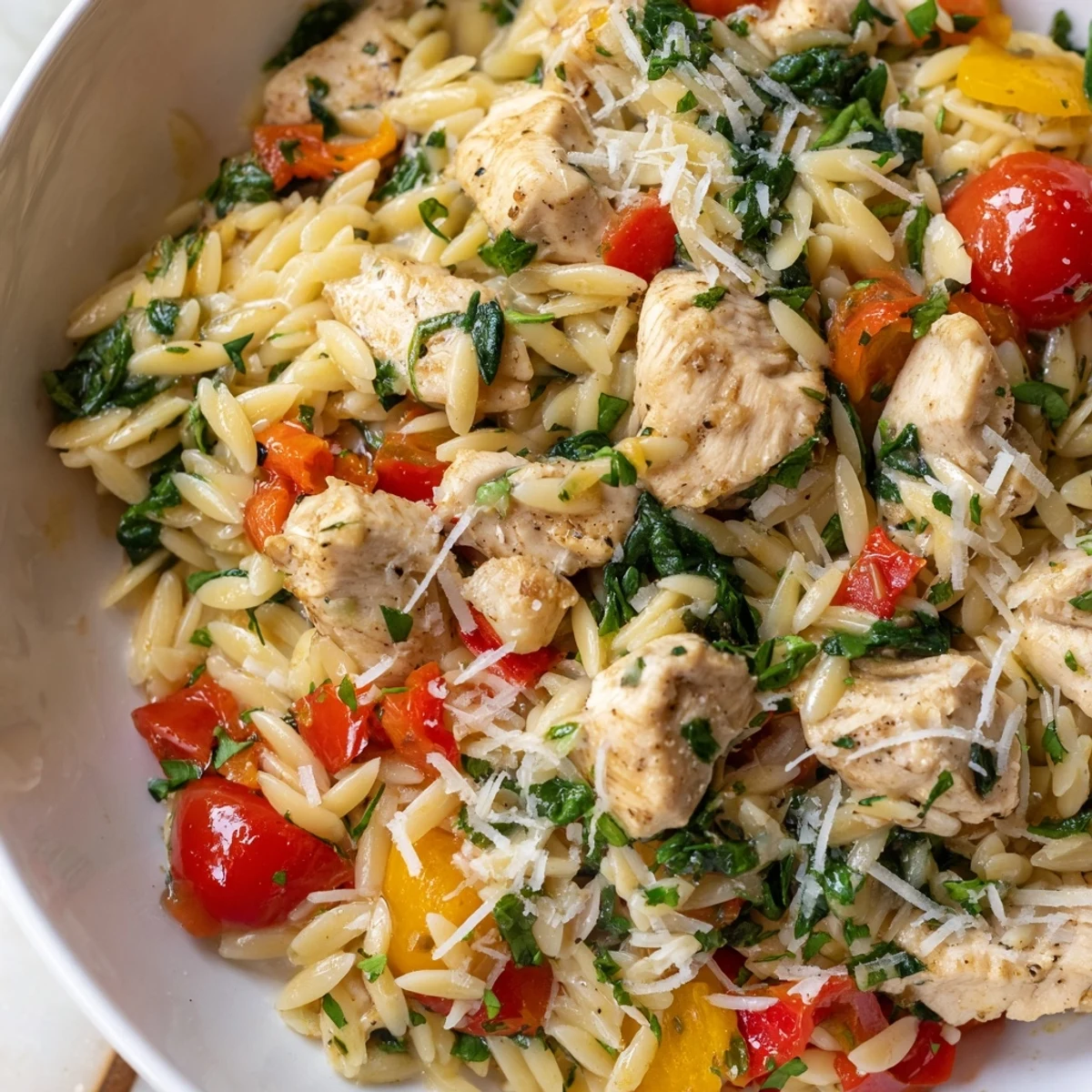 Serve this Mediterranean High Protein Chicken Orzo in a skillet with fresh parsley and lemon wedges.