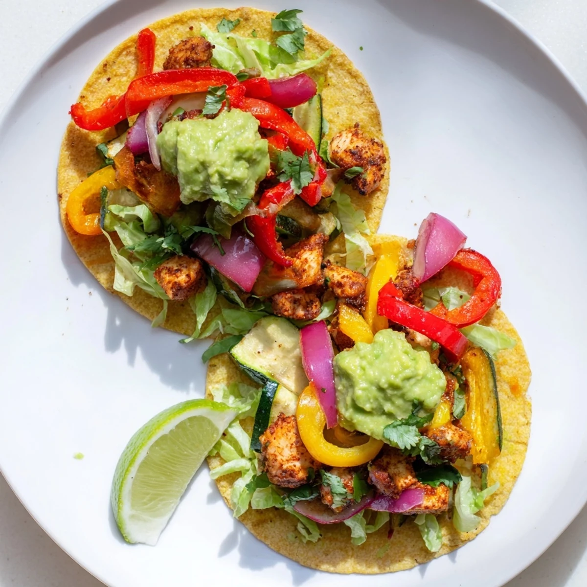 Golden crispy corn tostadas loaded with juicy spiced chicken, sautéed peppers, and fresh homemade guacamole for a vibrant meal.