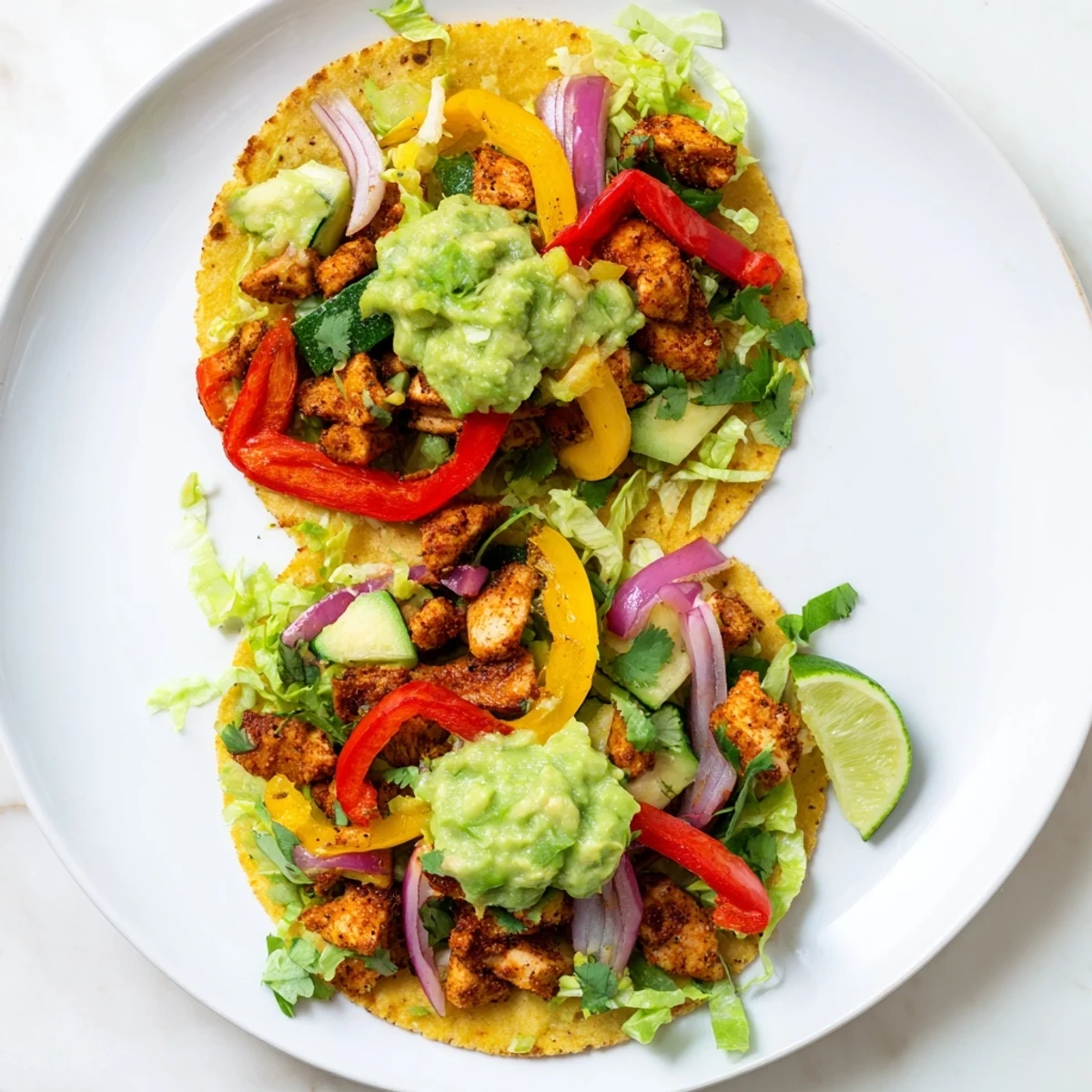 A close-up view of Chicken Veggie Tostadas With Guacamole, showcasing fresh cilantro and melted queso fresco toppings.