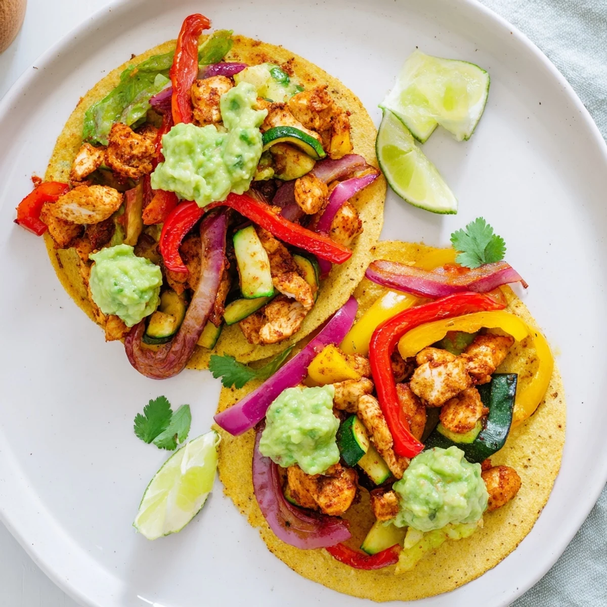 Chicken Veggie Tostadas With Guacamole arranged on a rustic plate with lime wedges, perfect for an easy weeknight dinner.