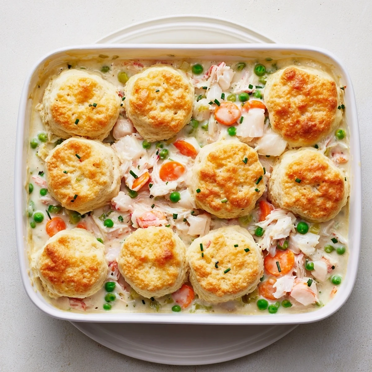 A rustic baking dish reveals creamy Seafood Pot Pie filling with shrimp, crab, and peas under flaky biscuit crust.