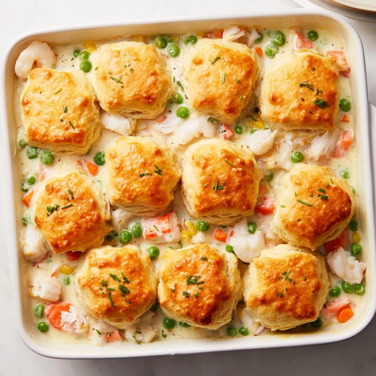 Spoon into a generous serving of Seafood Pot Pie featuring chunks of white fish, savory sauce, and cheddar biscuits.