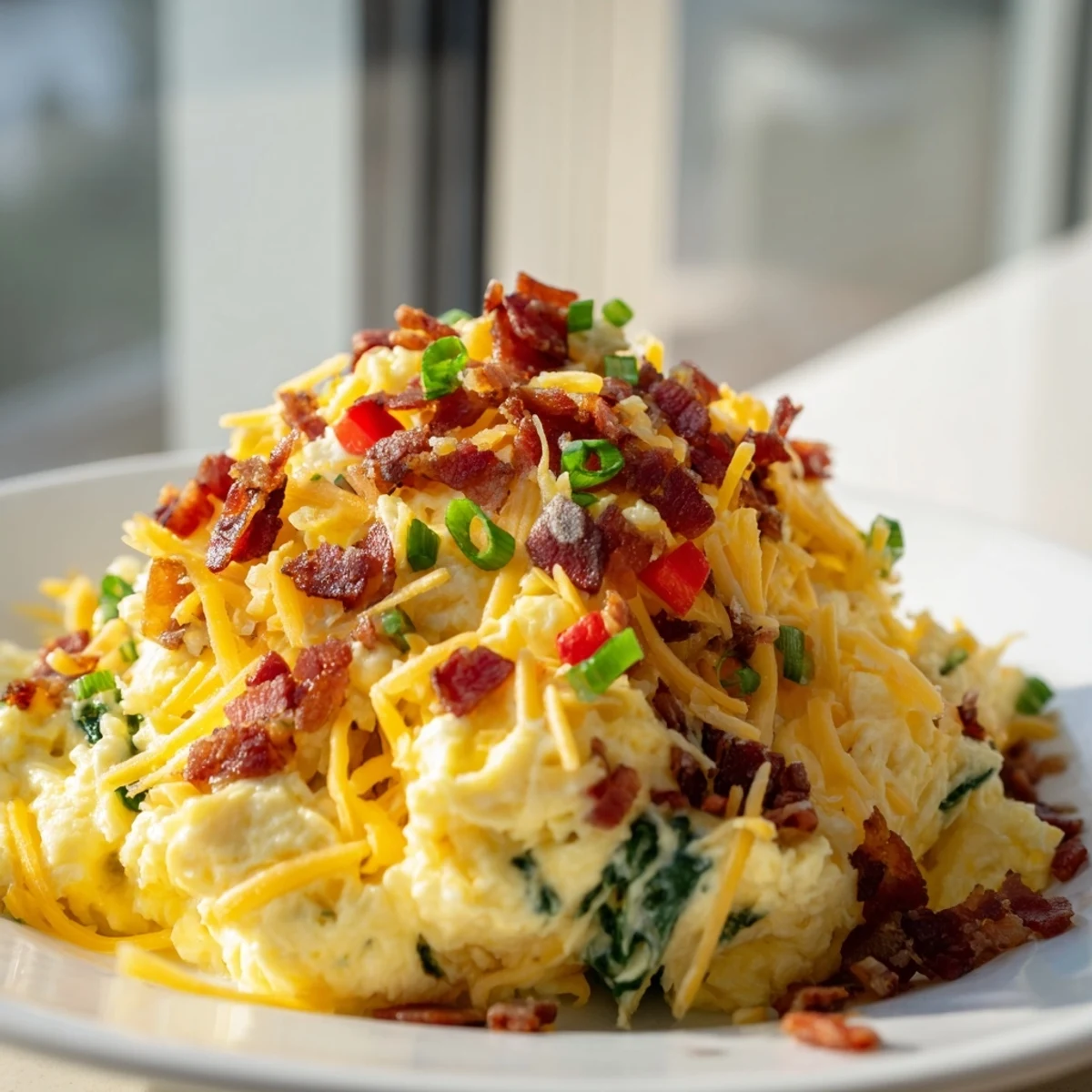 Golden Loaded Scrambled Eggs with melted cheddar, crispy bacon, and sautéed peppers on a white plate.